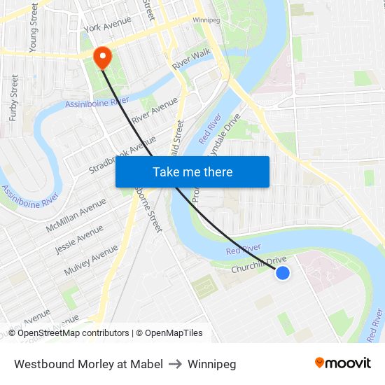Westbound Morley at Mabel to Winnipeg map