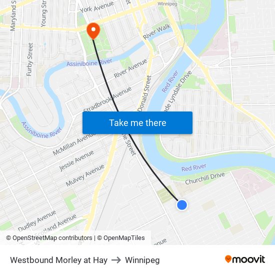 Westbound Morley at Hay to Winnipeg map