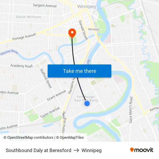 Southbound Daly at Beresford to Winnipeg map