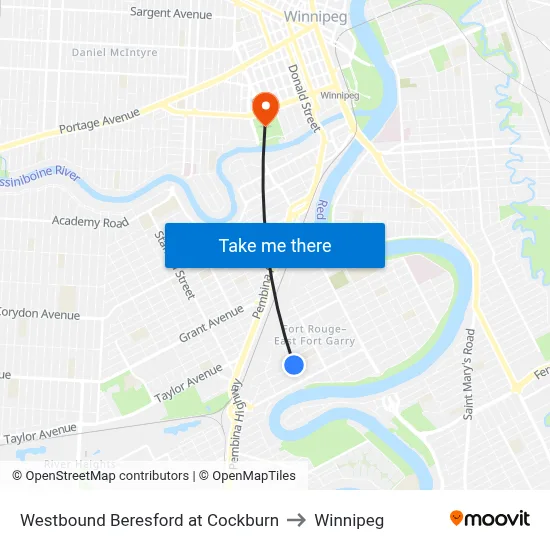 Westbound Beresford at Cockburn to Winnipeg map