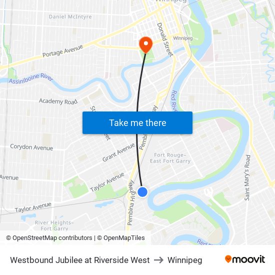 Westbound Jubilee at Riverside West to Winnipeg map