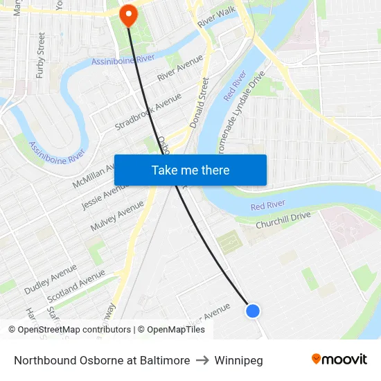 Northbound Osborne at Baltimore to Winnipeg map