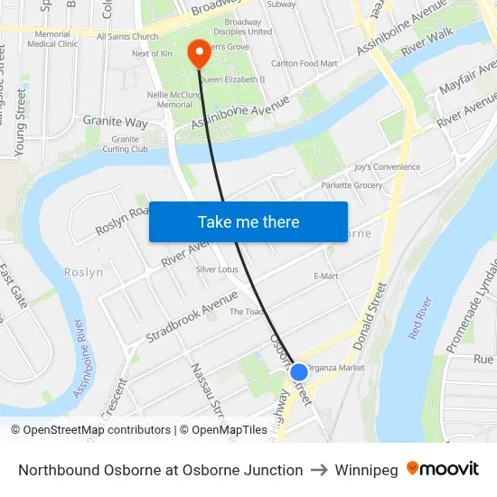 Northbound Osborne at Osborne Junction to Winnipeg map