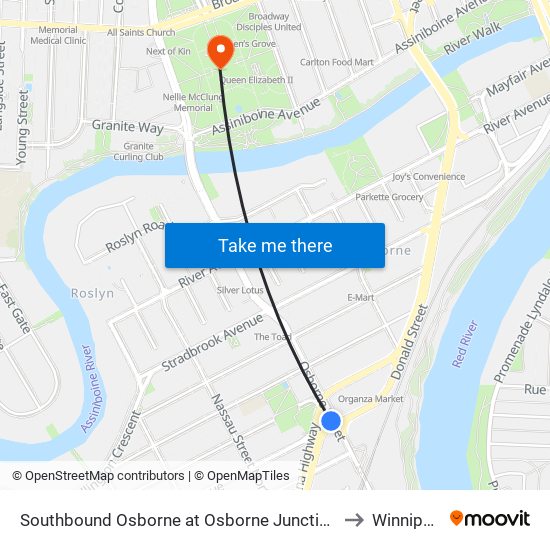 Southbound Osborne at Osborne Junction to Winnipeg map