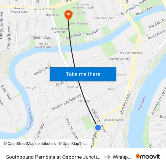 Southbound Pembina at Osborne Junction to Winnipeg map