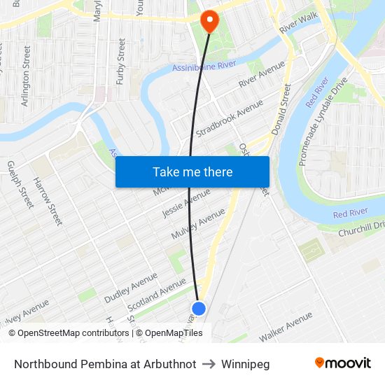 Northbound Pembina at Arbuthnot to Winnipeg map