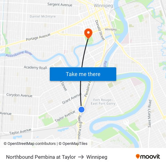 Northbound Pembina at Taylor to Winnipeg map