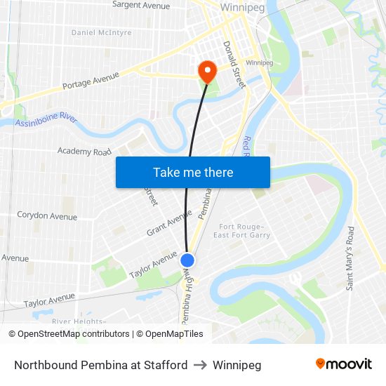 Northbound Pembina at Stafford to Winnipeg map