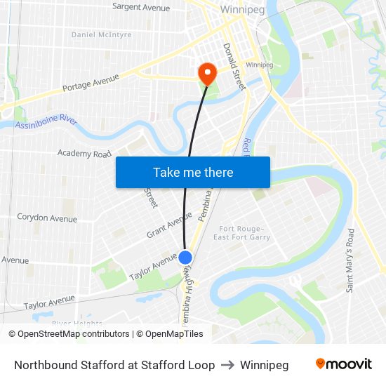 Northbound Stafford at Stafford Loop to Winnipeg map