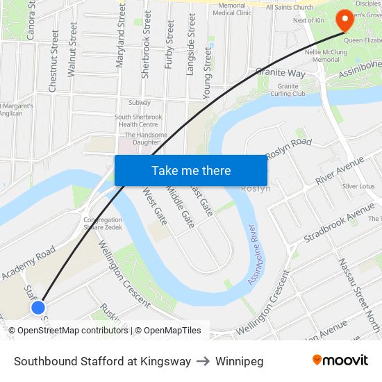 Southbound Stafford at Kingsway to Winnipeg map