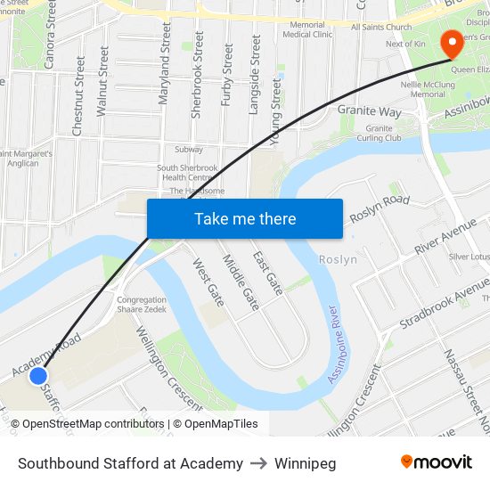 Southbound Stafford at Academy to Winnipeg map