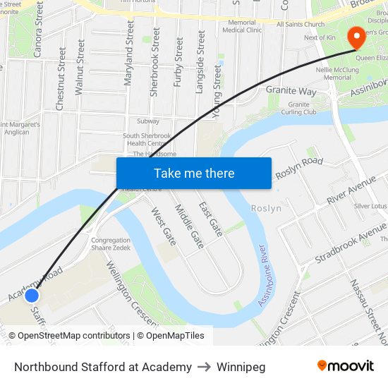 Northbound Stafford at Academy to Winnipeg map