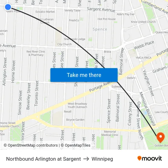 Northbound Arlington at Sargent to Winnipeg map