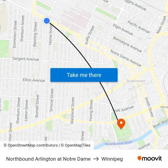 Northbound Arlington at Notre Dame to Winnipeg map