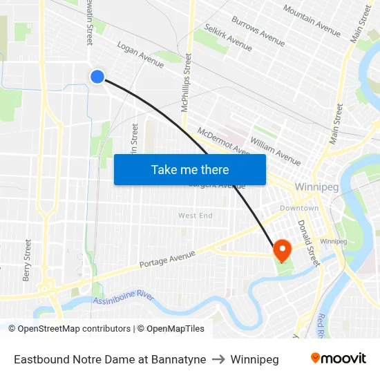 Eastbound Notre Dame at Bannatyne to Winnipeg map