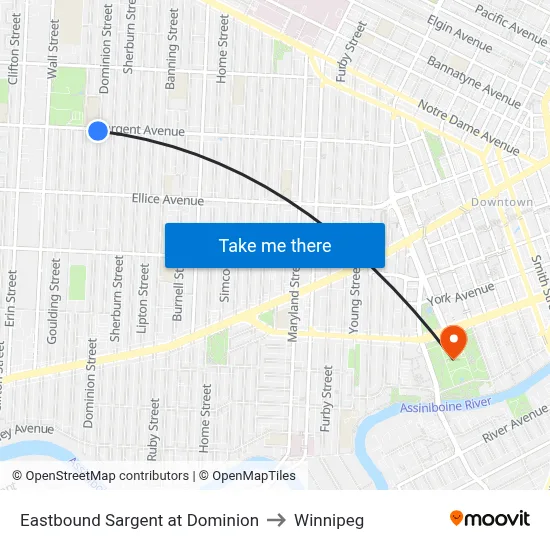 Eastbound Sargent at Dominion to Winnipeg map