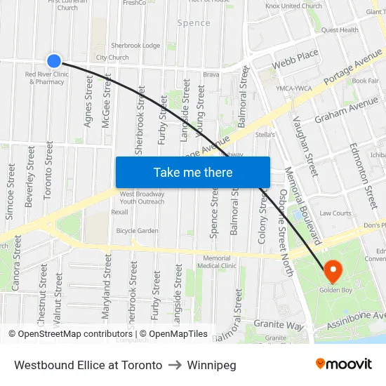 Westbound Ellice at Toronto to Winnipeg map