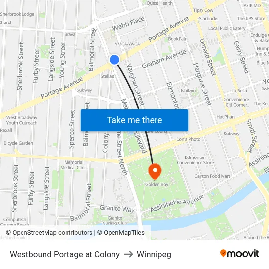 Westbound Portage at Colony to Winnipeg map