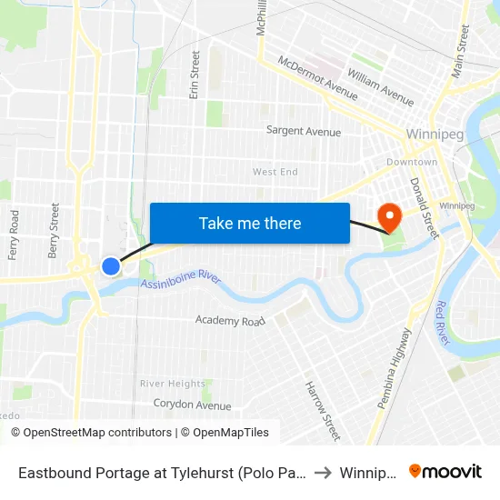 Eastbound Portage at Tylehurst (Polo Park) to Winnipeg map