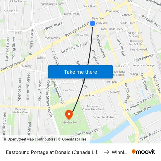 Eastbound Portage at Donald (Canada Life Centre) to Winnipeg map