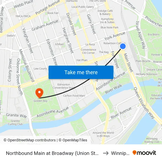 Northbound Main at Broadway (Union Station) to Winnipeg map