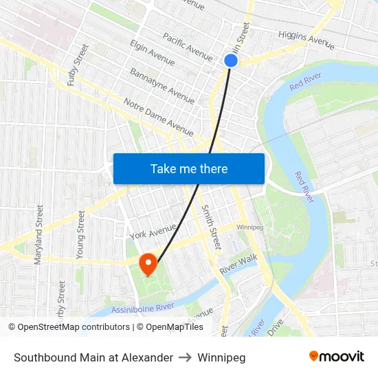Southbound Main at Alexander to Winnipeg map