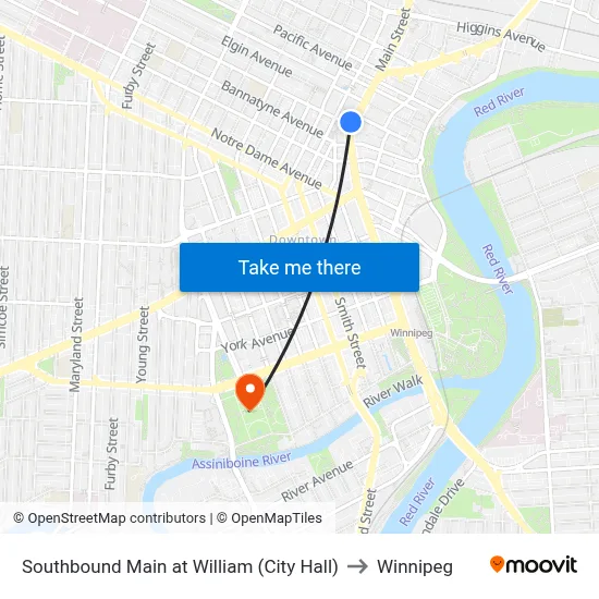 Southbound Main at William (City Hall) to Winnipeg map
