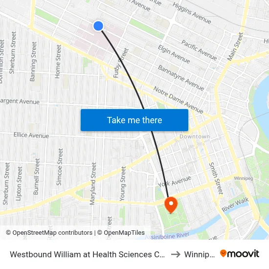 Westbound William at Health Sciences Centre to Winnipeg map