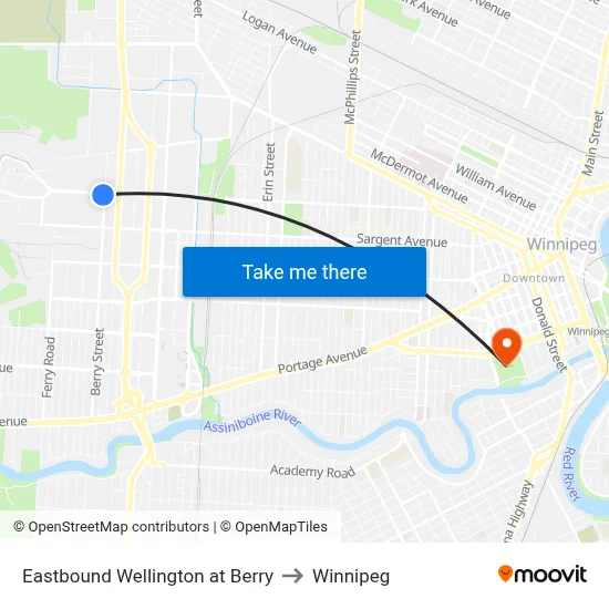 Eastbound Wellington at Berry to Winnipeg map