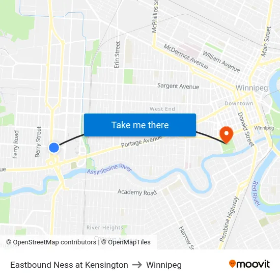 Eastbound Ness at Kensington to Winnipeg map