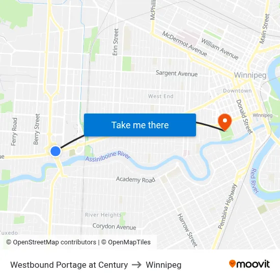 Westbound Portage at Century to Winnipeg map