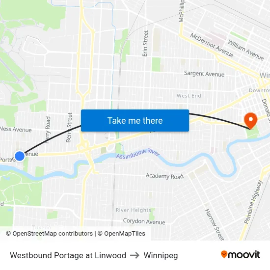 Westbound Portage at Linwood to Winnipeg map