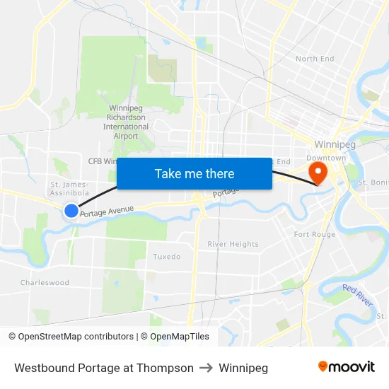 Westbound Portage at Thompson to Winnipeg map