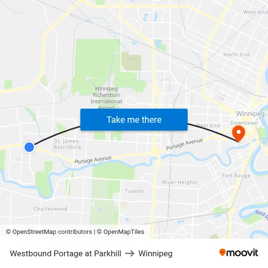 Westbound Portage at Parkhill to Winnipeg map
