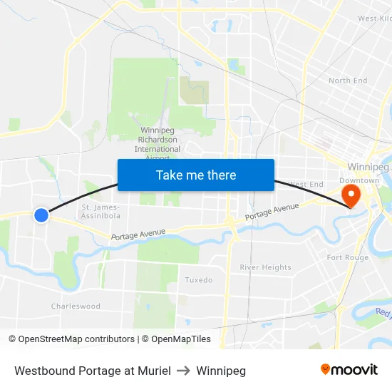 Westbound Portage at Muriel to Winnipeg map