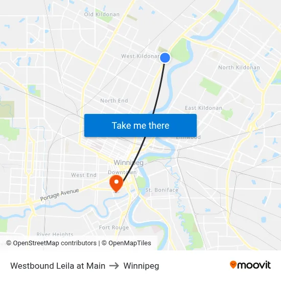 Westbound Leila at Main to Winnipeg map