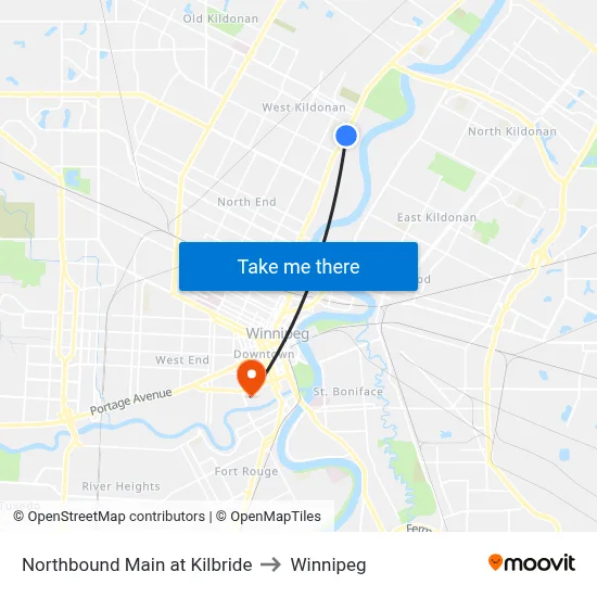Northbound Main at Kilbride to Winnipeg map