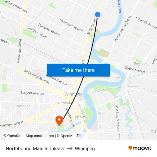 Northbound Main at Inkster to Winnipeg map