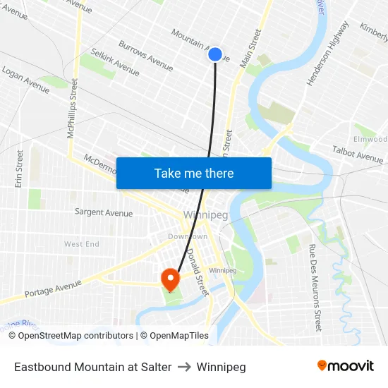 Eastbound Mountain at Salter to Winnipeg map