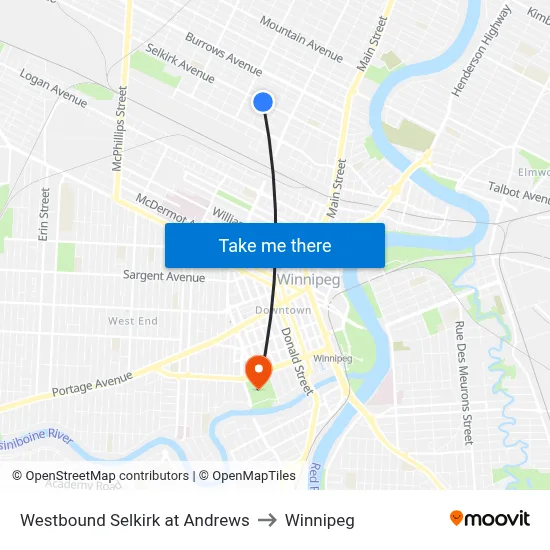 Westbound Selkirk at Andrews to Winnipeg map