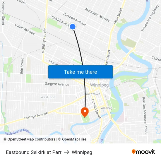 Eastbound Selkirk at Parr to Winnipeg map