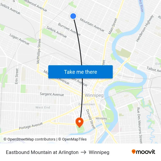 Eastbound Mountain at Arlington to Winnipeg map