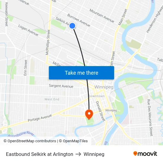 Eastbound Selkirk at Arlington to Winnipeg map
