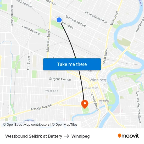 Westbound Selkirk at Battery to Winnipeg map