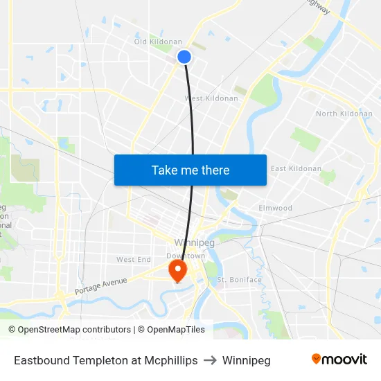 Eastbound Templeton at Mcphillips to Winnipeg map