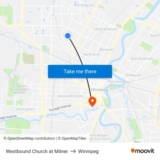 Westbound Church at Milner to Winnipeg map