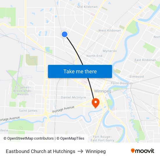 Eastbound Church at Hutchings to Winnipeg map