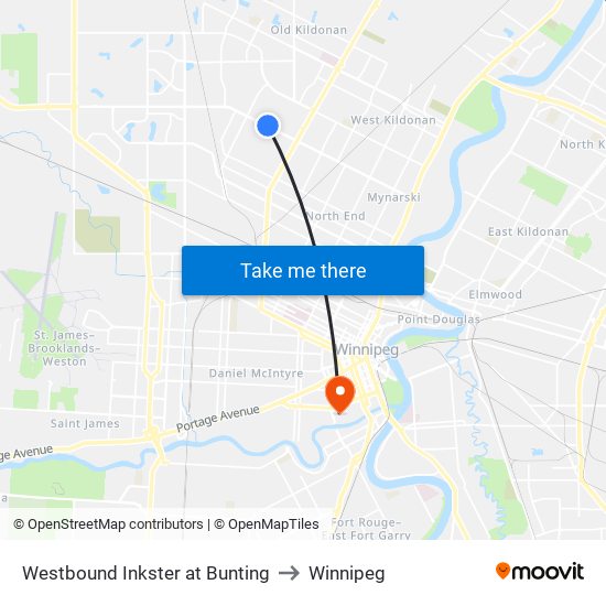 Westbound Inkster at Bunting to Winnipeg map