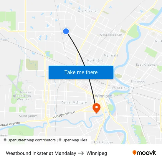 Westbound Inkster at Mandalay to Winnipeg map