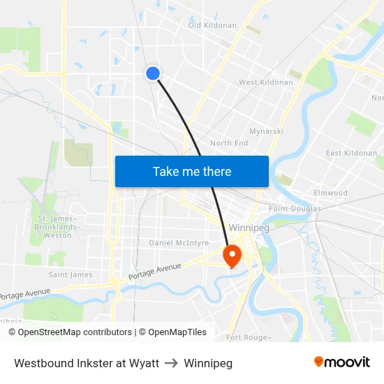 Westbound Inkster at Wyatt to Winnipeg map